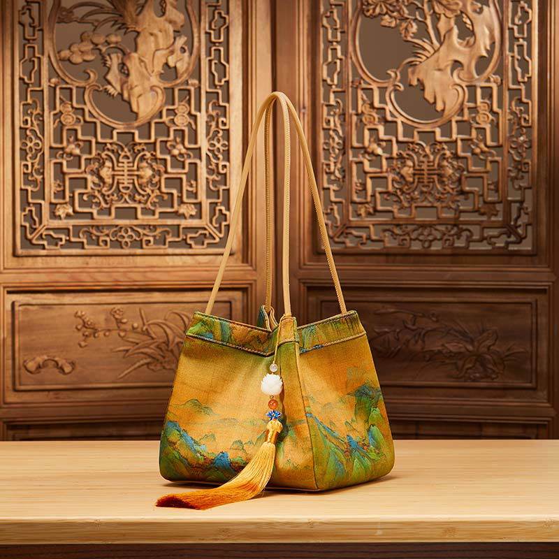 Chinese Painting Mulberry Silk Bucket Bag Vintage Handbag - SinoCultural -- P17062005-2
