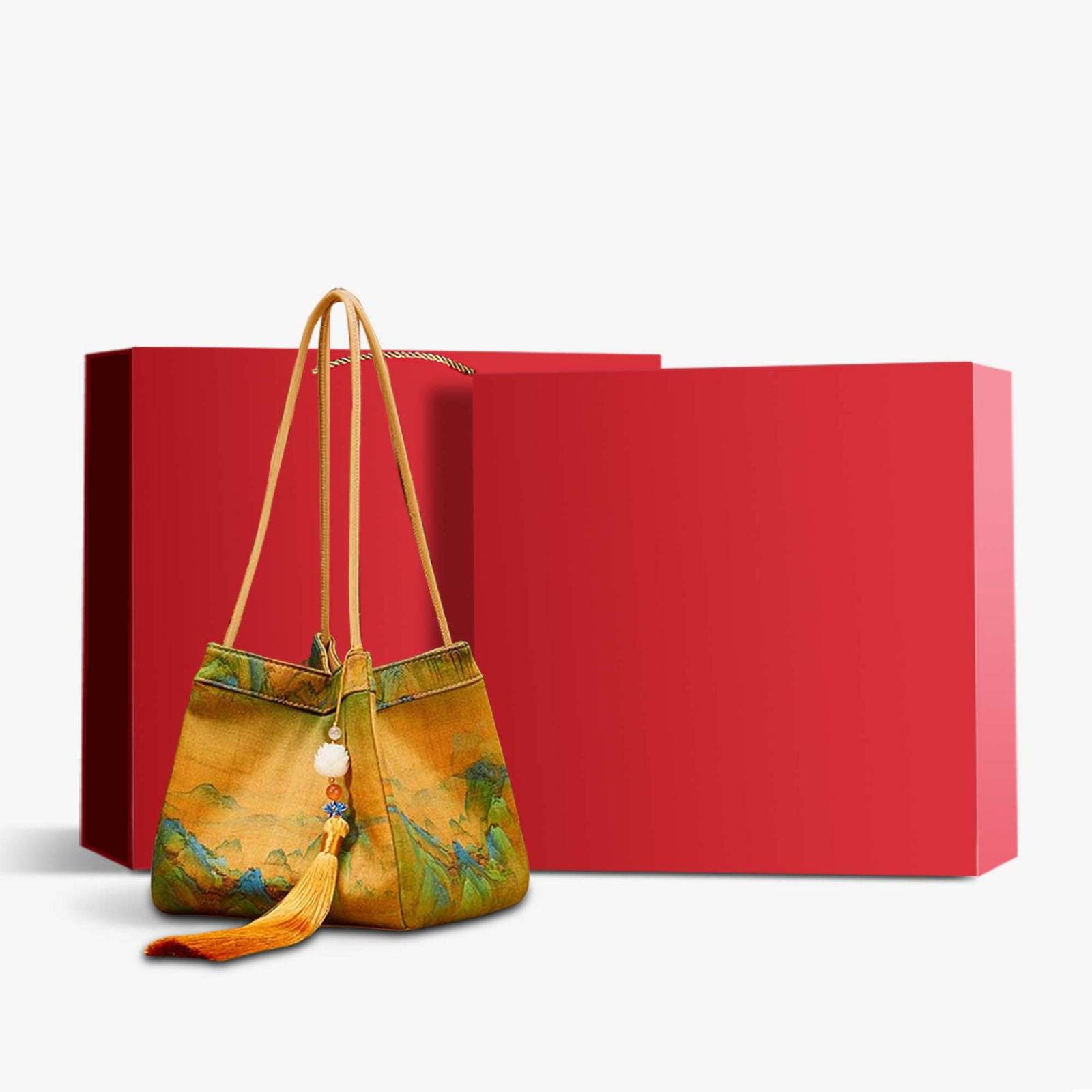 Chinese Painting Mulberry Silk Bucket Bag Vintage Handbag - SinoCultural -- P17062005-2
