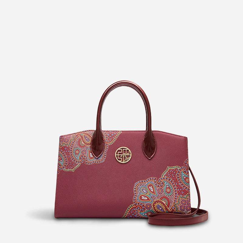 Chinese Style Leather Red Tote Bag Women's Wedding Handbag - SinoCultural -- P120483
