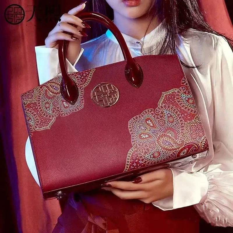 Chinese Style Leather Red Tote Bag Women's Wedding Handbag - SinoCultural -- P120483