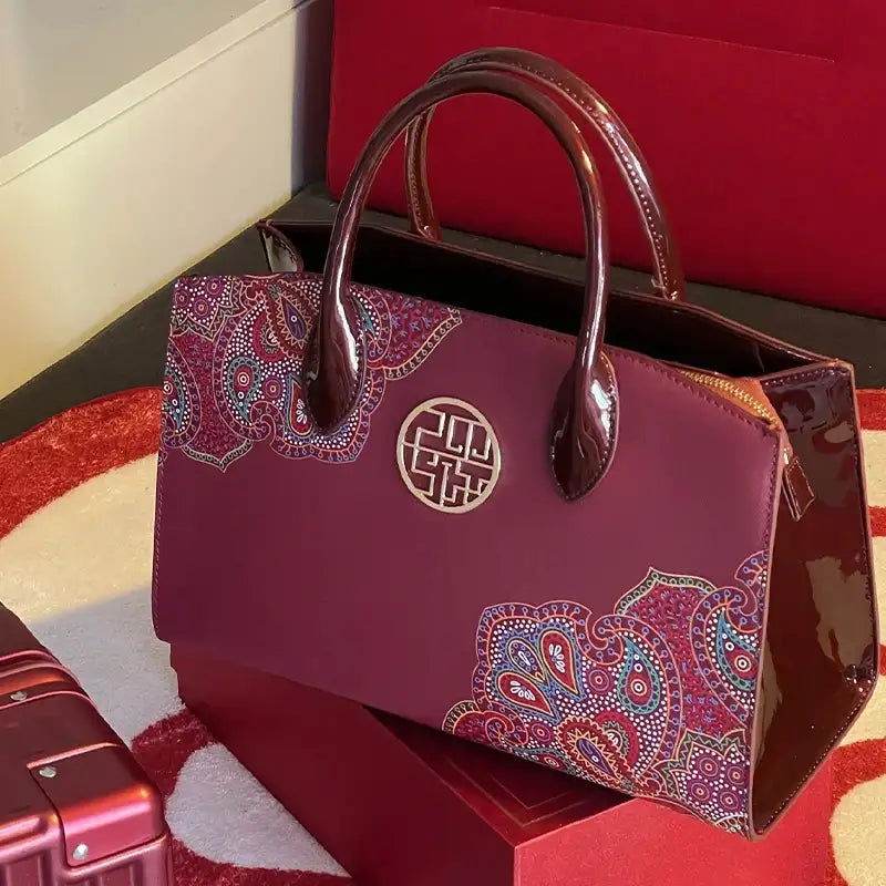 Chinese Style Leather Red Tote Bag Women's Wedding Handbag - SinoCultural -- P120483