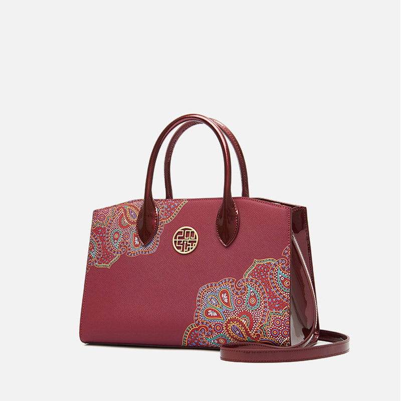 Chinese Style Leather Red Tote Bag Women's Wedding Handbag - SinoCultural -- P120483