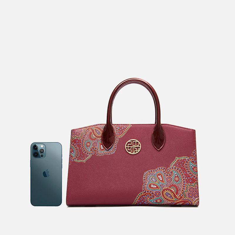 Chinese Style Leather Red Tote Bag Women's Wedding Handbag - SinoCultural -- P120483