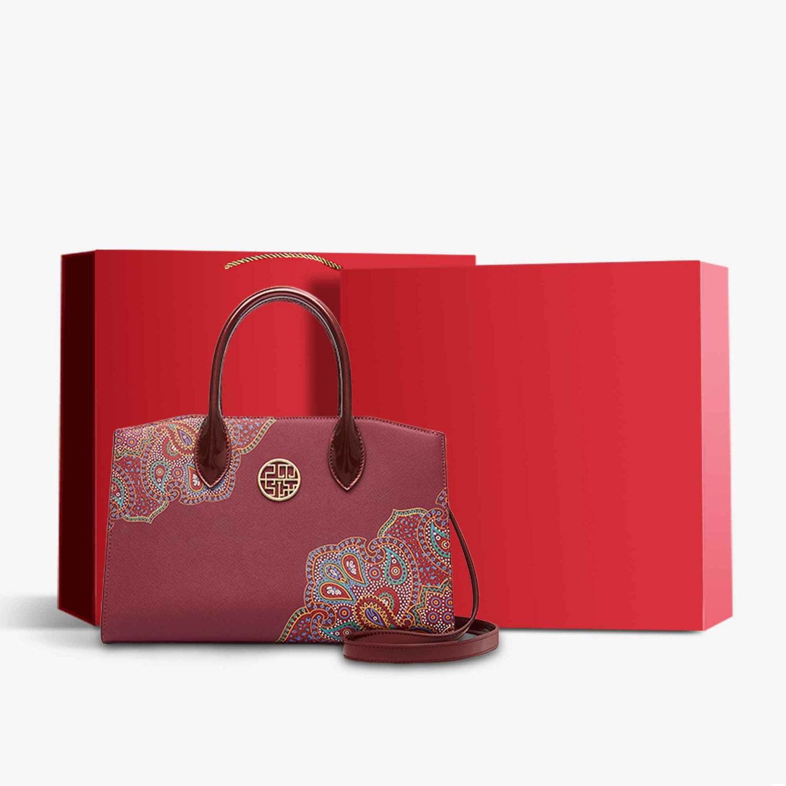 Chinese Style Leather Red Tote Bag Women's Wedding Handbag - SinoCultural -- P120483