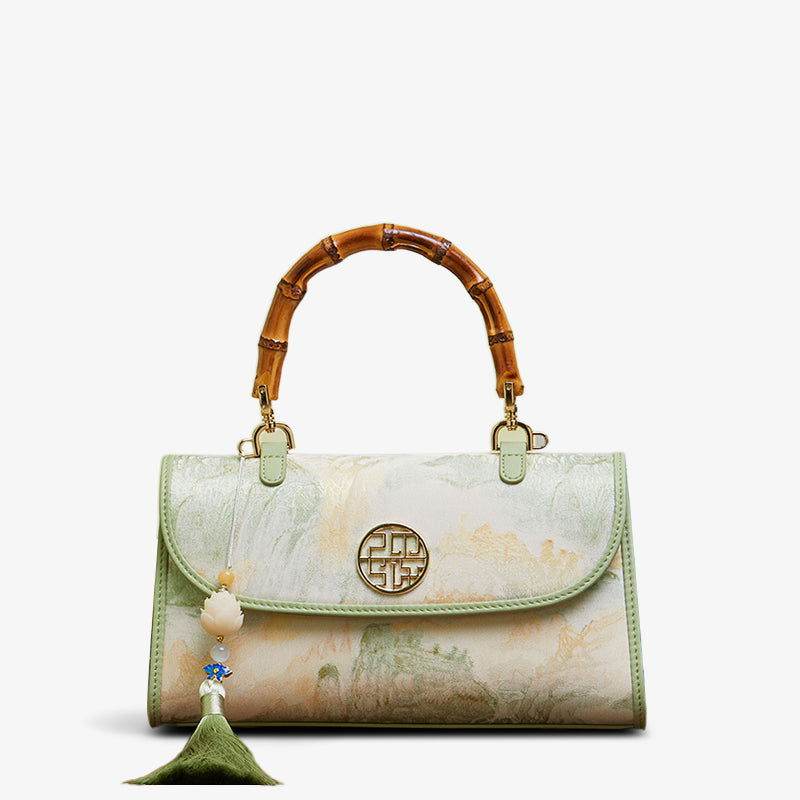Chinese Style Mulberry Silk Bamboo Handle Light Green Handbag - SinoCultural -- P170079LG -