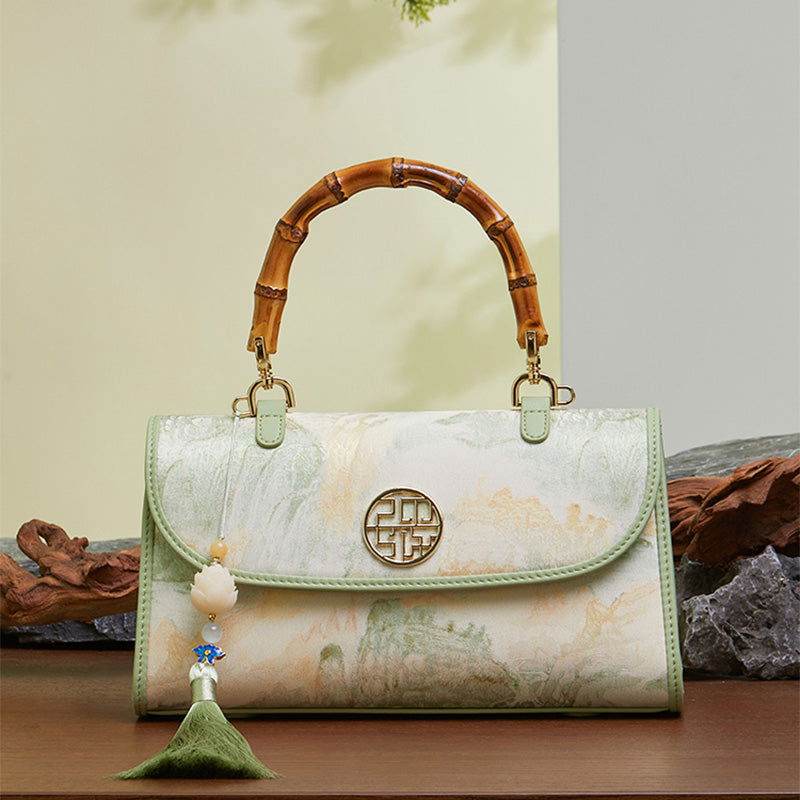 Chinese Style Mulberry Silk Bamboo Handle Light Green Handbag - SinoCultural -- P170079LG -