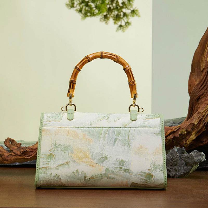 Chinese Style Mulberry Silk Bamboo Handle Light Green Handbag - SinoCultural -- P170079LG -