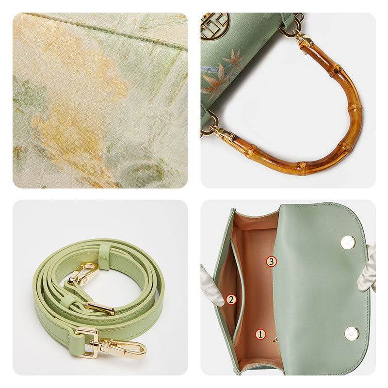 Chinese Style Mulberry Silk Bamboo Handle Light Green Handbag - SinoCultural -- P170079LG -