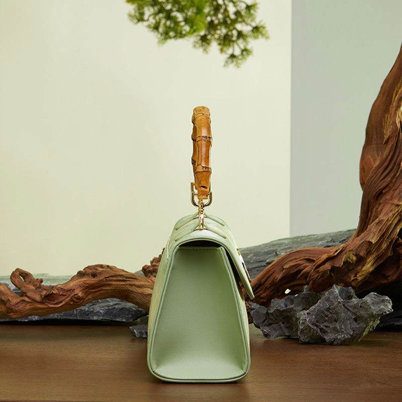 Chinese Style Mulberry Silk Bamboo Handle Light Green Handbag - SinoCultural -- P170079LG -