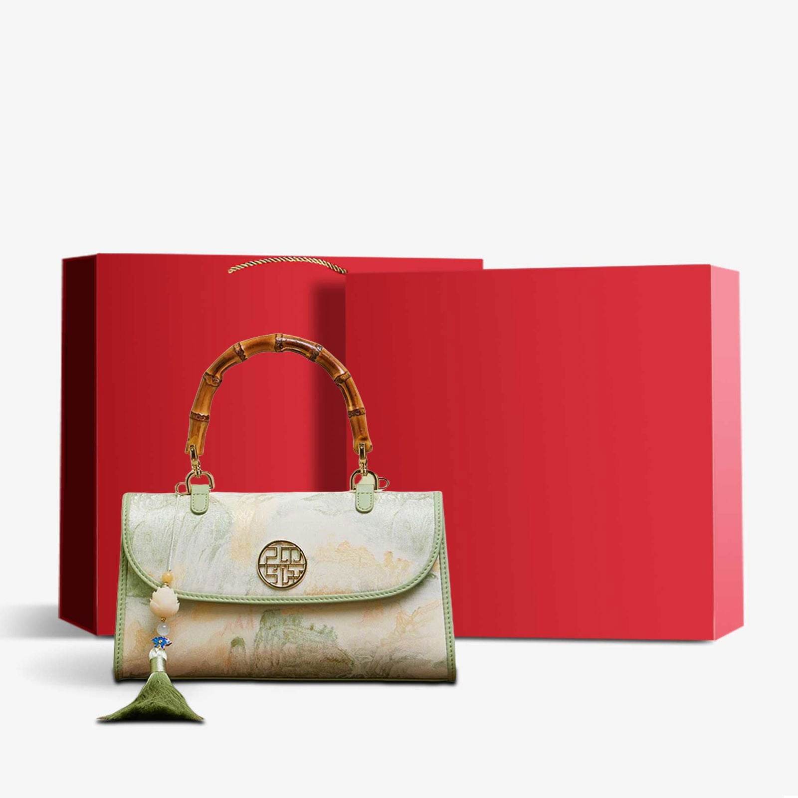 Chinese Style Mulberry Silk Bamboo Handle Light Green Handbag - SinoCultural -- P170079LG -
