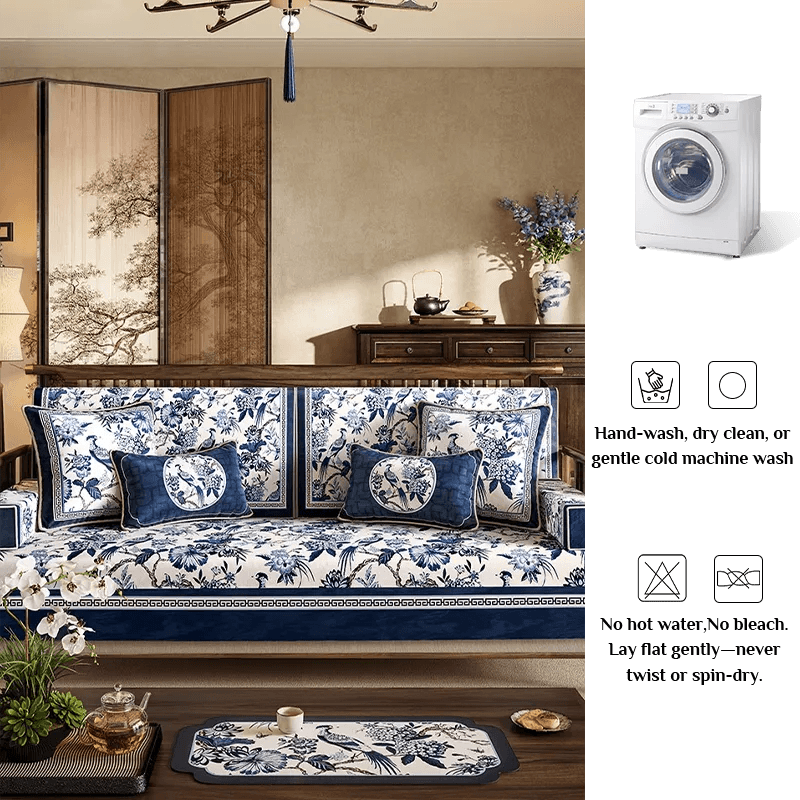 Chinoiserie Vintage Blue and White Flowers and Birds Sofa Slipcover - SinoCultural -- S0C004A9090
