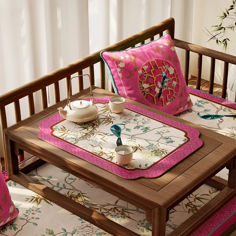 Pink retro drain mat with tea set on low-profile tea bench, blending functionality and Chinoiserie elegance.