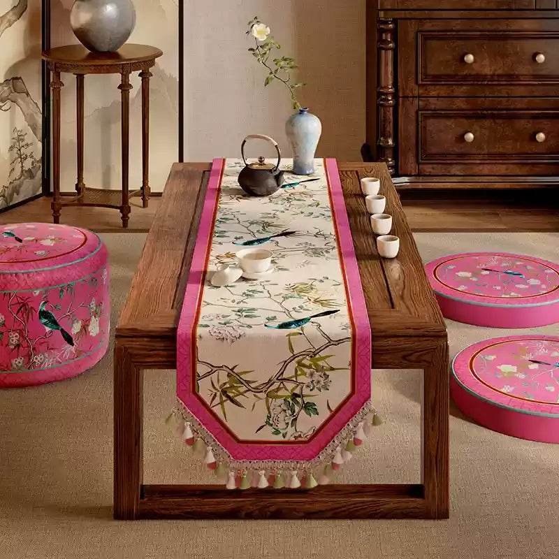 Chinoiserie Romance Luxe Floral Bird Pink Table Runner - SinoCultural -- TR031A160