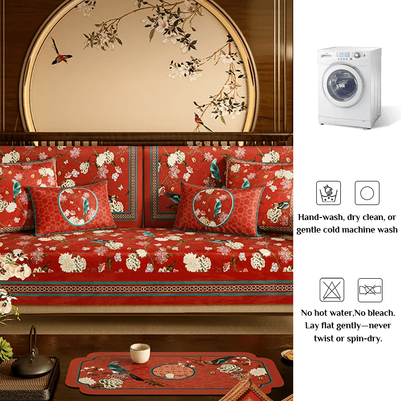 Chinoiserie Royal Red Magpie & Hydrangea Sofa Slipcover - SinoCultural -- S0C002A9090