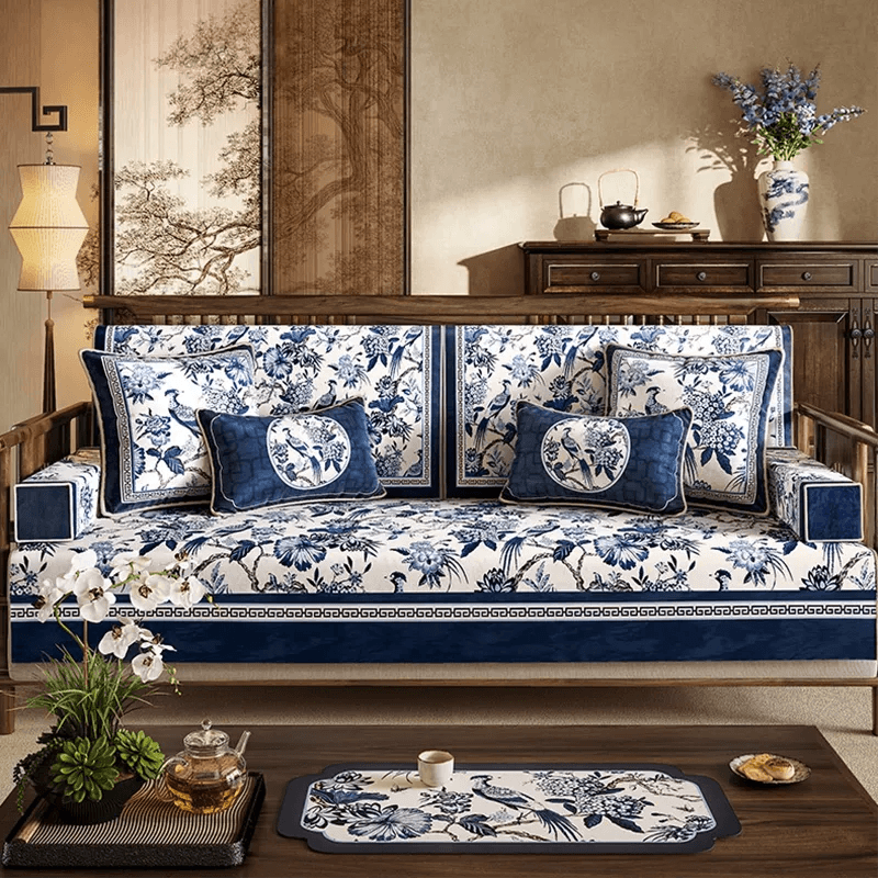 Chinoiserie Vintage Blue and White Flowers and Birds Sofa Slipcover - SinoCultural -- S0C004A9090