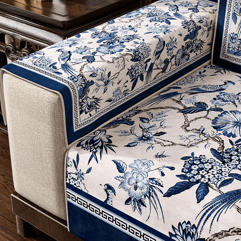 Chinoiserie Vintage Blue and White Flowers and Birds Sofa Slipcover - SinoCultural -- S0C004A9090