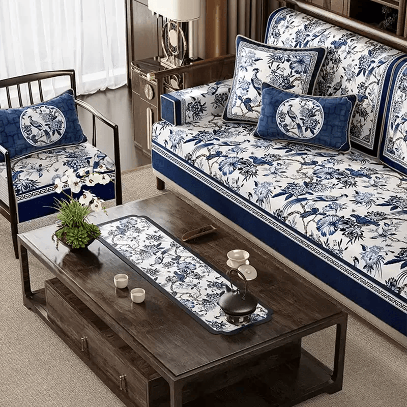 Chinoiserie Vintage Blue and White Flowers and Birds Sofa Slipcover - SinoCultural -- S0C004A9090
