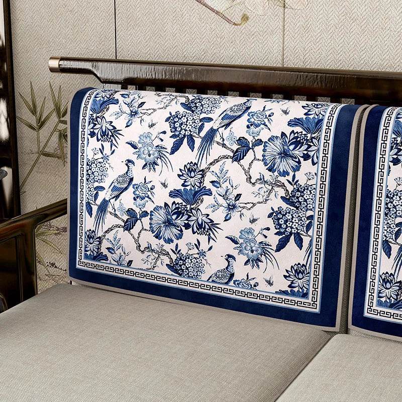 Chinoiserie Vintage Blue and White Flowers and Birds Sofa Slipcover - SinoCultural -- S0C004A9090