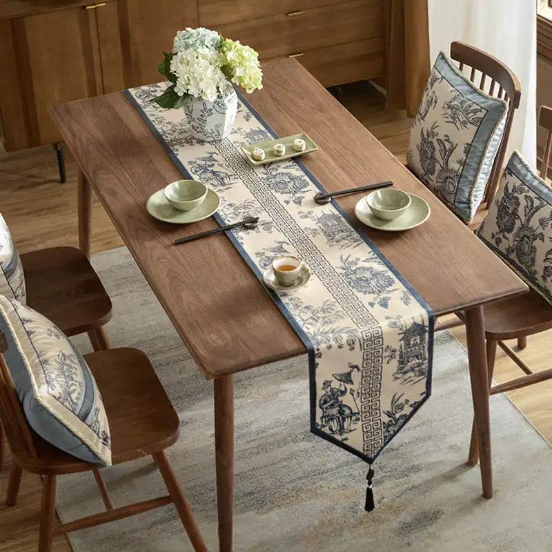 Chinoiserie Blue and White Simplicity Romantic Table Runner - SinoCultural -- TR024BW160