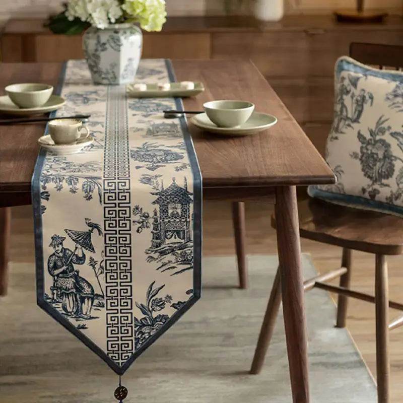 Chinoiserie Blue and White Simplicity Romantic Table Runner - SinoCultural -- TR024BW160