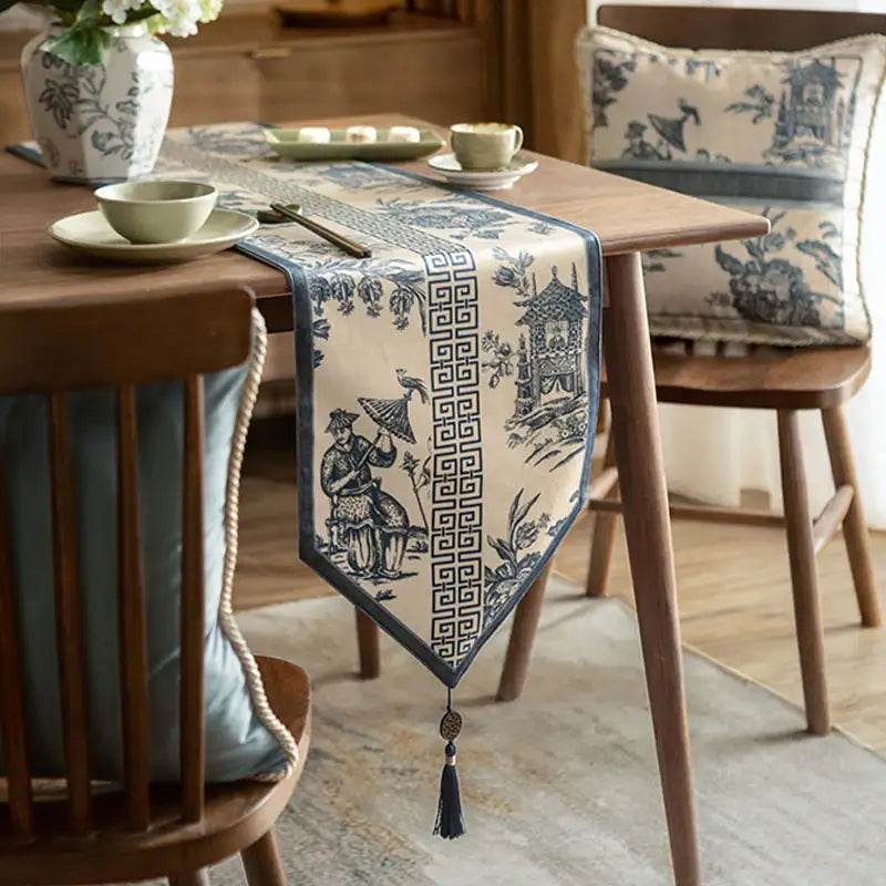 Chinoiserie Blue and White Simplicity Romantic Table Runner - SinoCultural -- TR024BW160