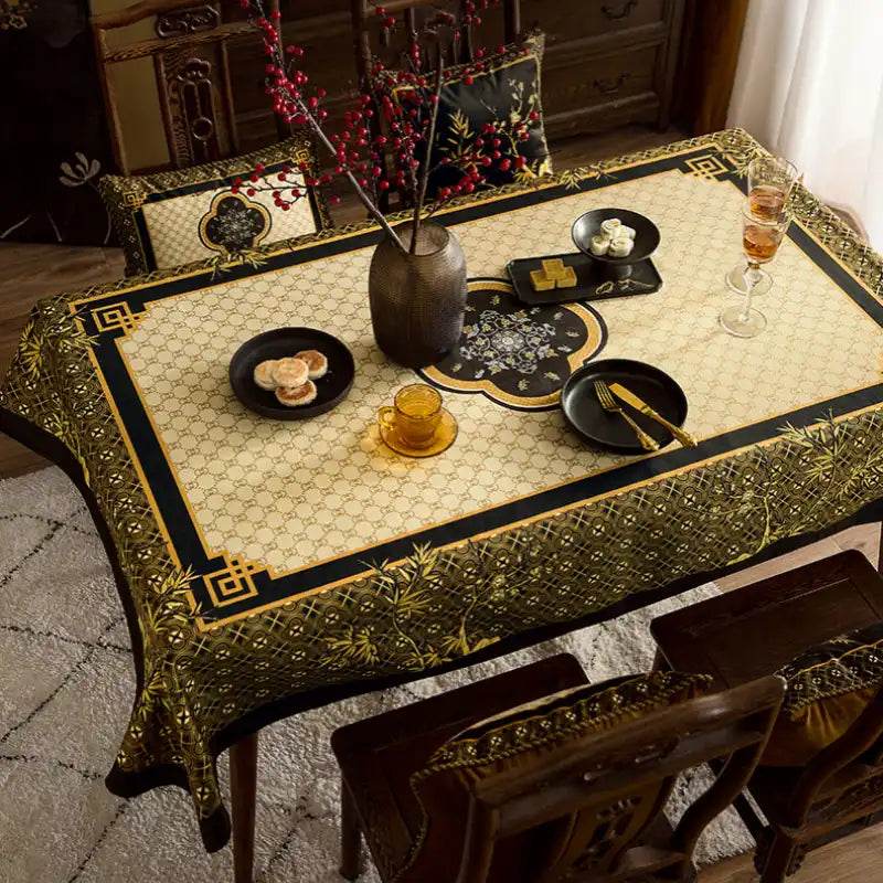 Chinoiserie Classical Bamboo Rectangular Black and White Tablecloth - SinoCultural -- TC022WB85
