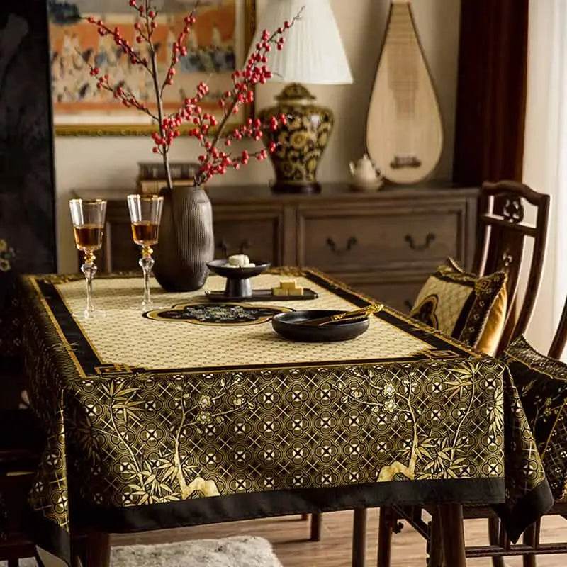 Chinoiserie Classical Bamboo Rectangular Black and White Tablecloth - SinoCultural -- TC022WB85