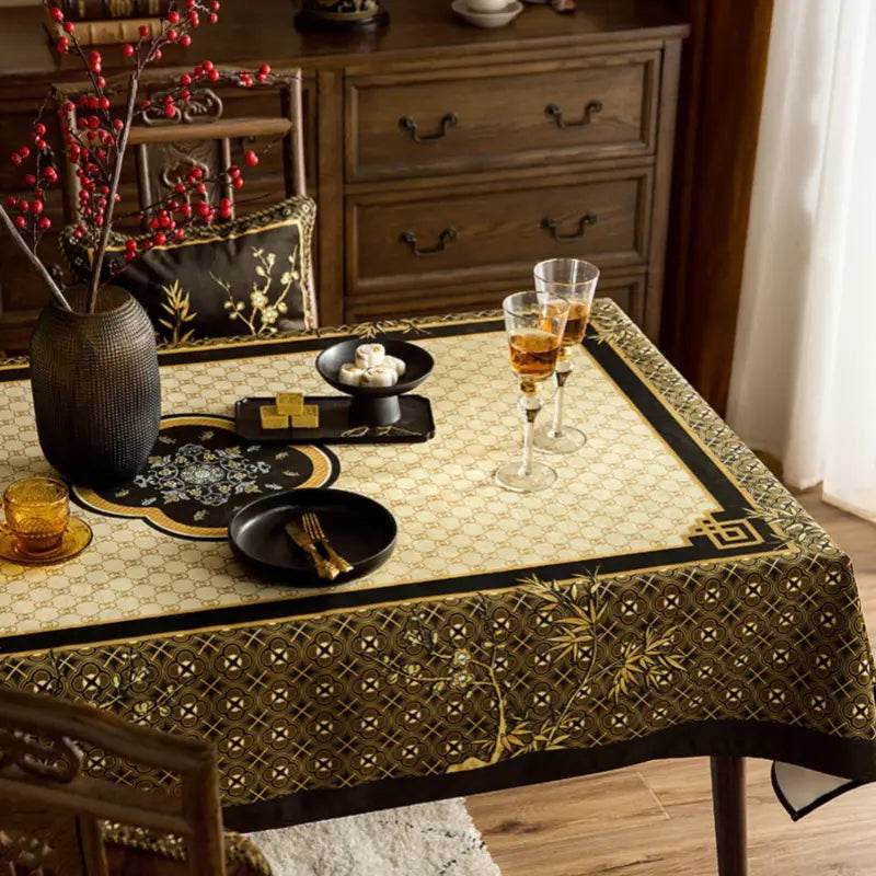 Chinoiserie Classical Bamboo Rectangular Black and White Tablecloth - SinoCultural -- TC022WB85