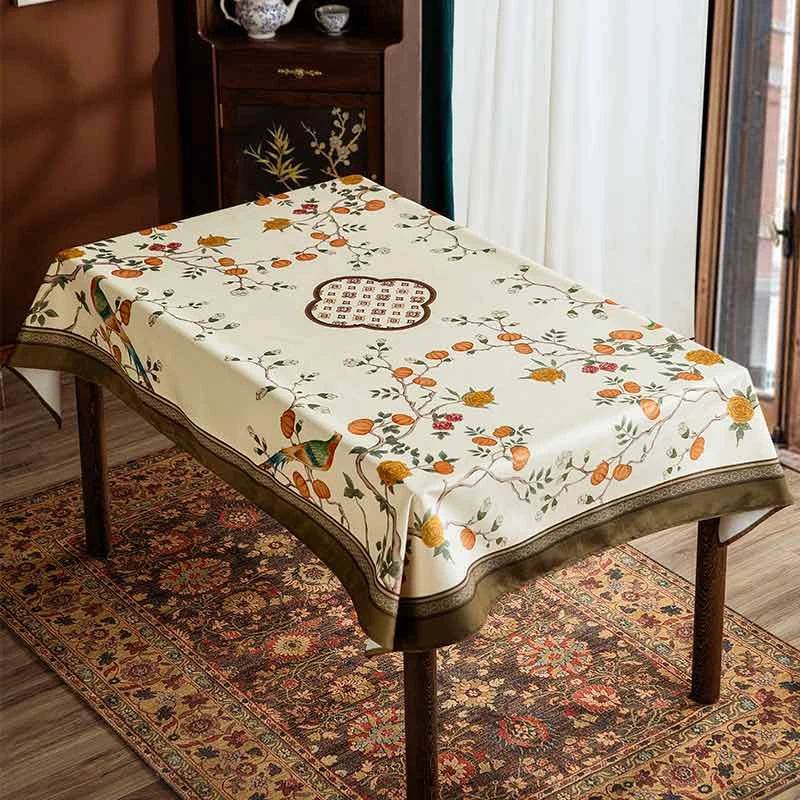 Chinoiserie Coffee Table Cover Flower and Bird Brown Tablecloth - SinoCultural -- TC015W85