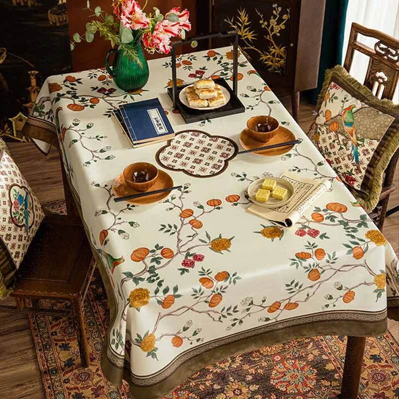 Chinoiserie Coffee Table Cover Flower and Bird Brown Tablecloth - SinoCultural -- TC015W85