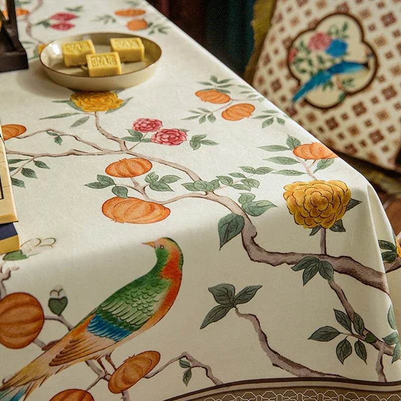 Chinoiserie Coffee Table Cover Flower and Bird Brown Tablecloth - SinoCultural -- TC015W85