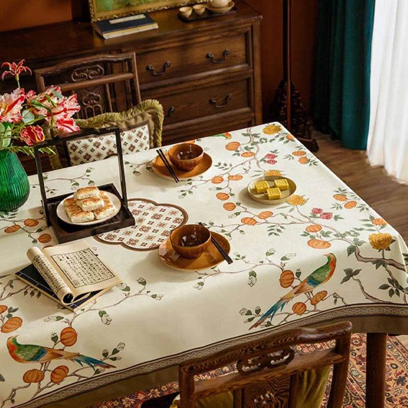 Chinoiserie Coffee Table Cover Flower and Bird Brown Tablecloth - SinoCultural -- TC015W85