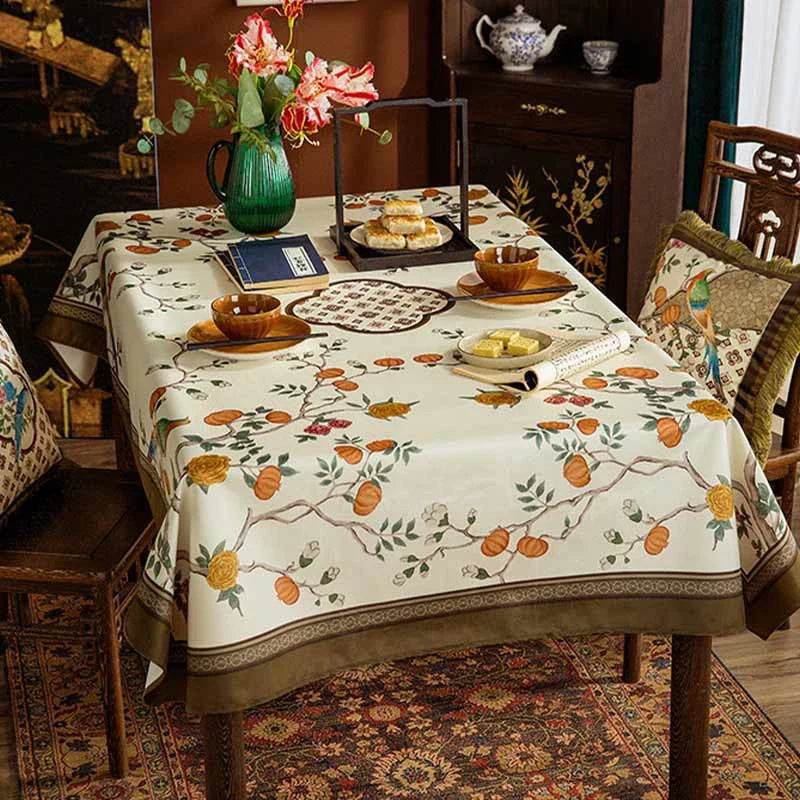 Chinoiserie Coffee Table Cover Flower and Bird Brown Tablecloth - SinoCultural -- TC015W85
