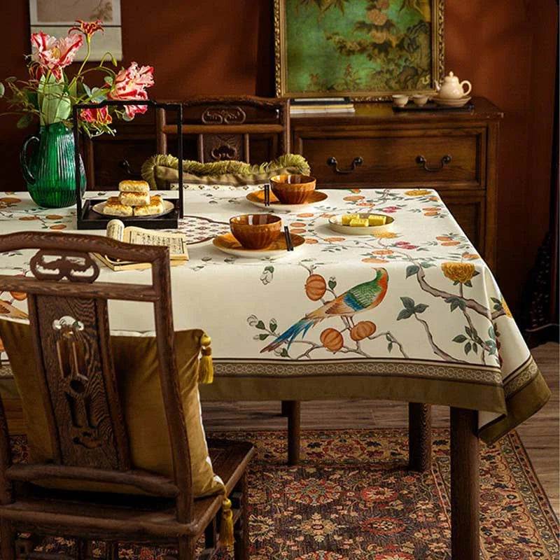 Chinoiserie Coffee Table Cover Flower and Bird Brown Tablecloth - SinoCultural -- TC015W85