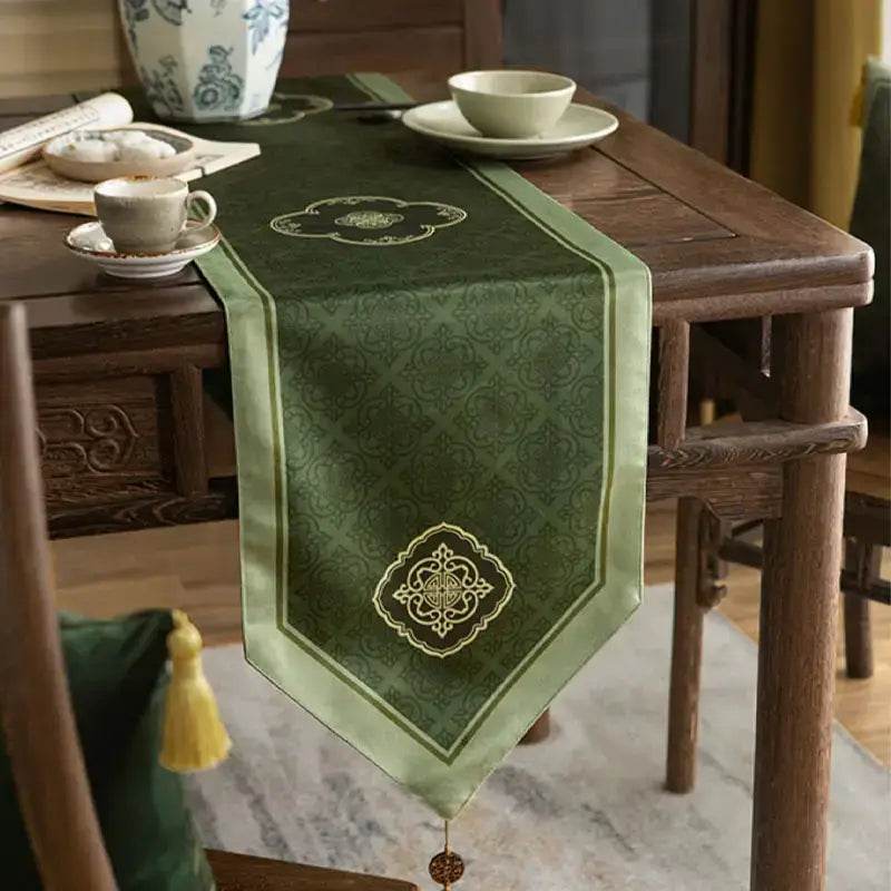 Chinoiserie Dark Green Elegance Table Runner - SinoCultural -- TR023GN160 -