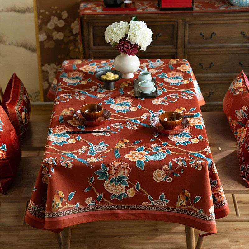 Chinoiserie Floral Wedding Celebration Rectangular Red Tablecloth - SinoCultural -- TC013R85 -