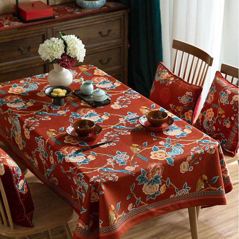 Chinoiserie Floral Wedding Celebration Rectangular Red Tablecloth - SinoCultural -- TC013R85 -