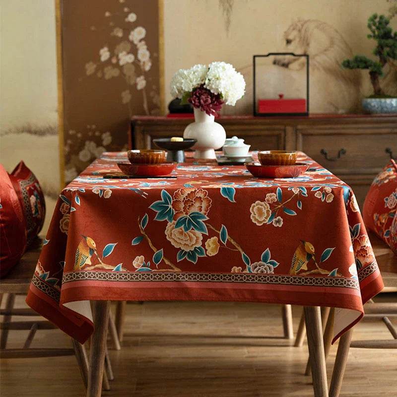 Chinoiserie Floral Wedding Celebration Rectangular Red Tablecloth - SinoCultural -- TC013R85 -