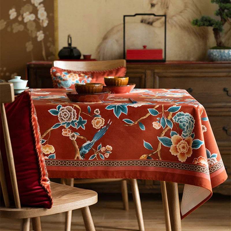 Chinoiserie Floral Wedding Celebration Rectangular Red Tablecloth - SinoCultural -- TC013R85 -