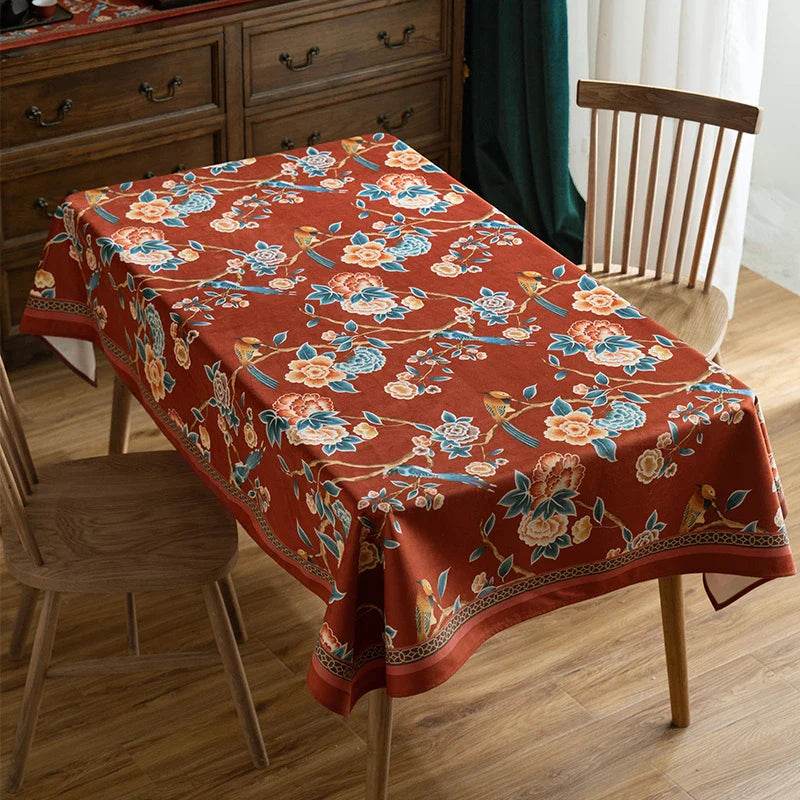 Chinoiserie Floral Wedding Celebration Rectangular Red Tablecloth - SinoCultural -- TC013R85 -