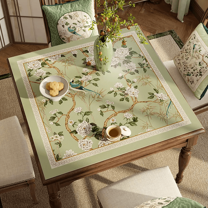 Chinoiserie Green Leather Square Table Mat Waterproof Easy Clean - SinoCultural -- TM057A60 -