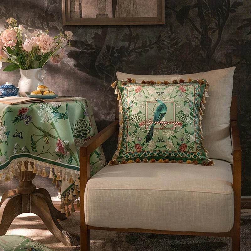 Chinoiserie Green Retro Floral Tassel Round Tablecloth - SinoCultural -- TC014GN85