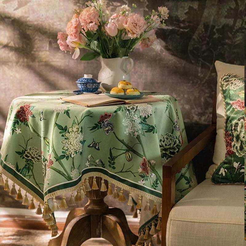 Chinoiserie Green Retro Floral Tassel Round Tablecloth - SinoCultural -- TC014GN85