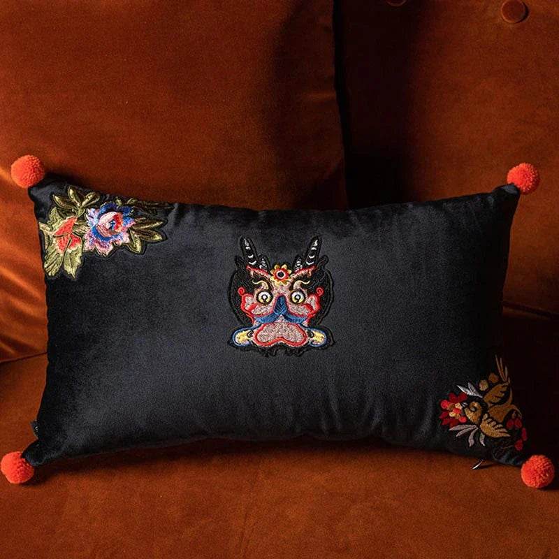 Chinoiserie Handmade Embroidery Velvet Lumbar Pillow Original Dragon - SinoCultural -- SJZBZ00101