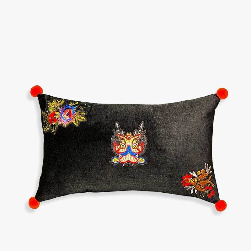 Chinoiserie Handmade Embroidery Velvet Lumbar Pillow Original Dragon - SinoCultural -- SJZBZ00101