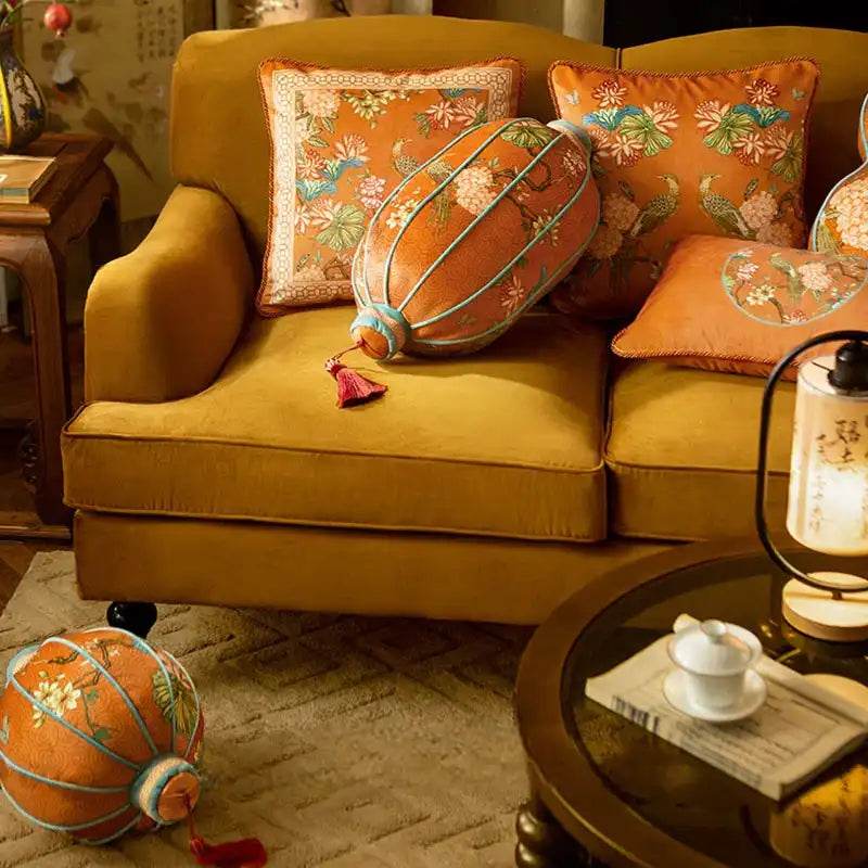 Chinoiserie Lantern-Shaped Throw Pillow Orange Hydrangea Dream - SinoCultural -- SJZBZ029A01 -