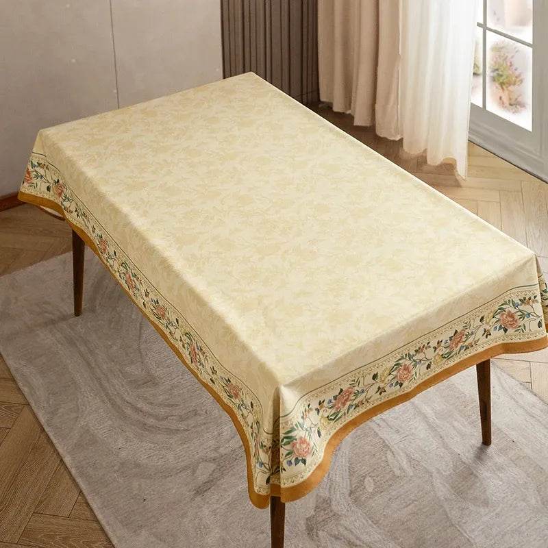 Chinoiserie Luxury Plush Rectangular Beige Floral Tablecloth - SinoCultural -- TC021W85