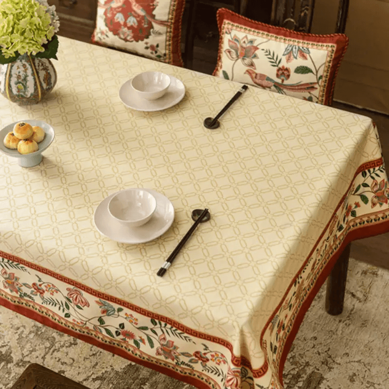 Chinoiserie Luxury Plush Rectangular Beige Tablecloth - SinoCultural -- TC012W85