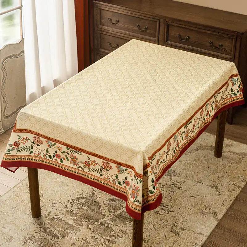 Chinoiserie Luxury Plush Rectangular Beige Tablecloth - SinoCultural -- TC012W85