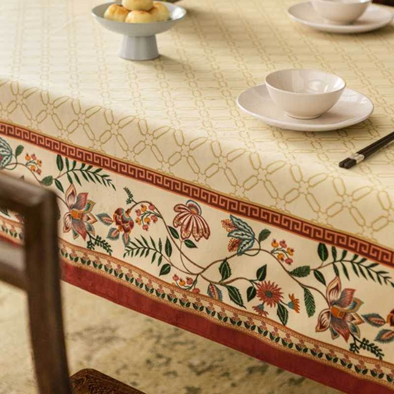 Chinoiserie Luxury Plush Rectangular Beige Tablecloth - SinoCultural -- TC012W85